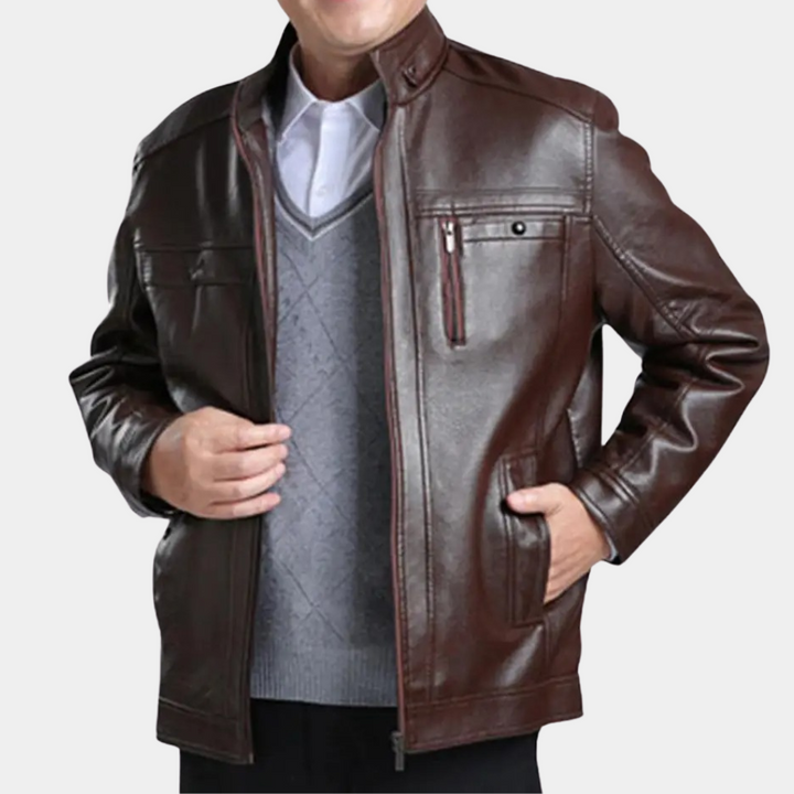 Men's Stand Collar Leather Jacket – Detail View