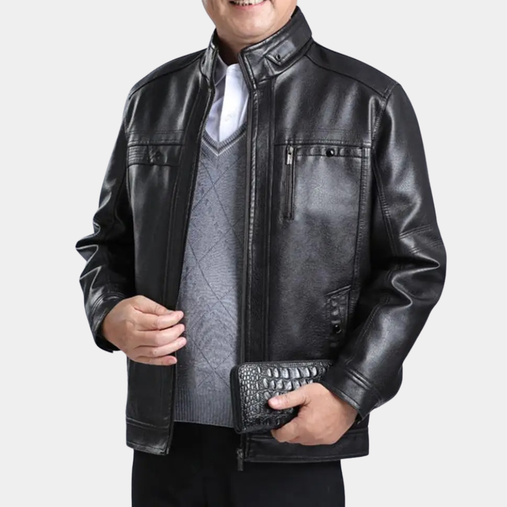 Men's Stand Collar Leather Jacket – Detail View