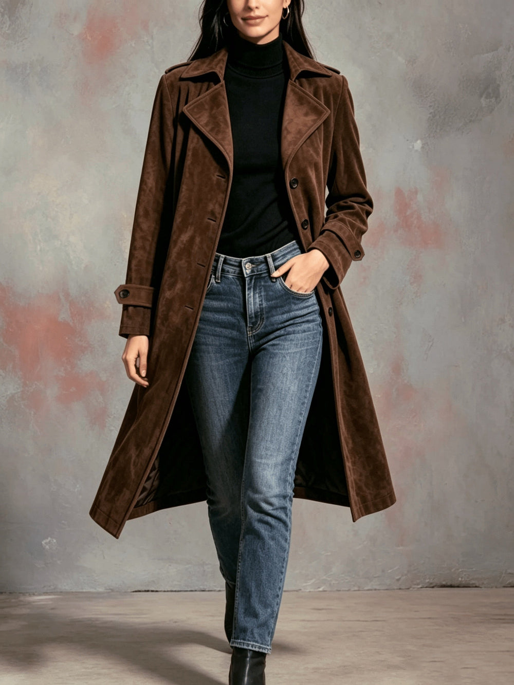 Women's Faux Suede Long Dress Coat – Detail View