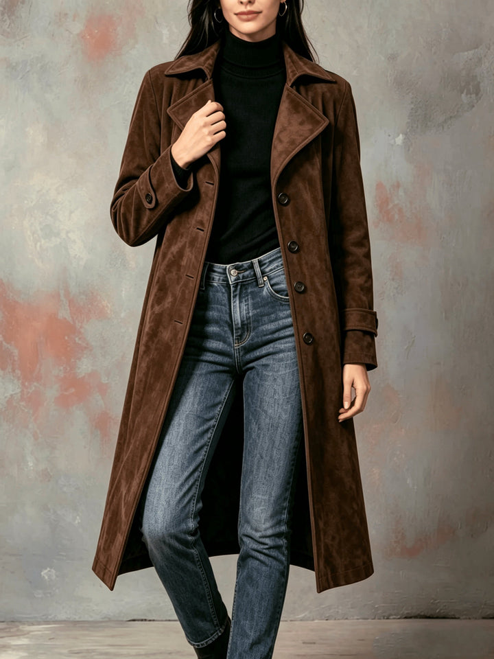 Women's Faux Suede Long Dress Coat – Detail View