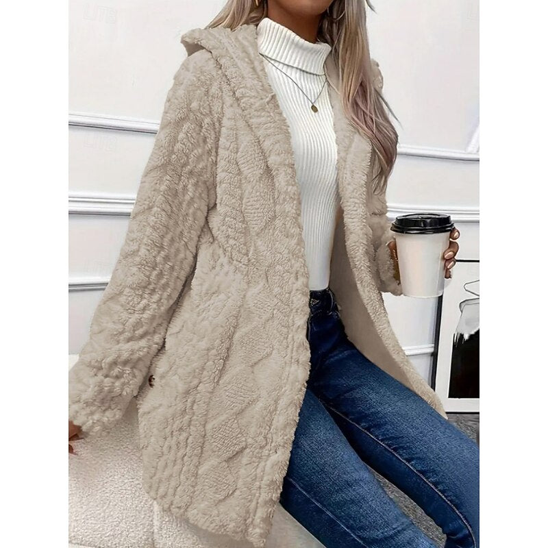 Women's Long Fleece Hooded Cardigan – Beige
