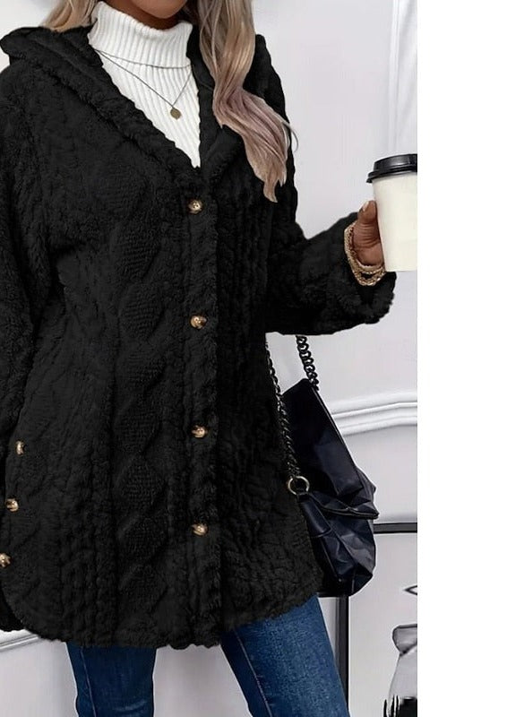 Women's Long Fleece Hooded Cardigan – Black