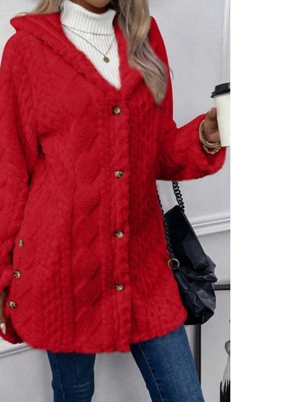 Women's Long Fleece Hooded Cardigan – Red