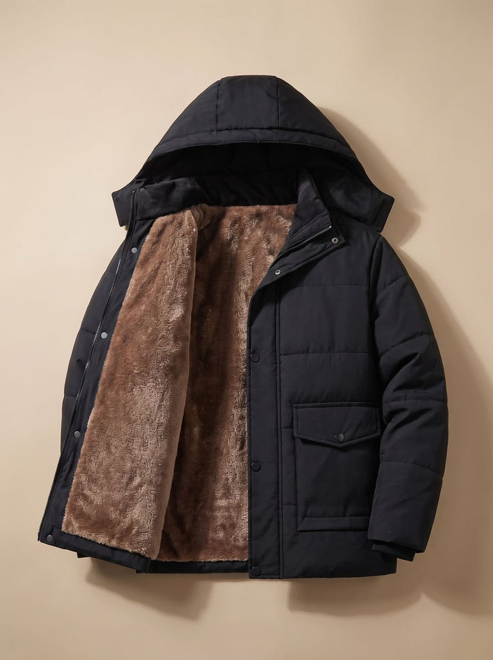 Men's Fleece Lined Hooded Puffer Jacket – Black