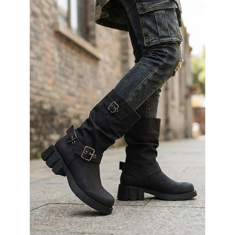 Women's Slouchy Faux Leather Biker Boots – Detail View
