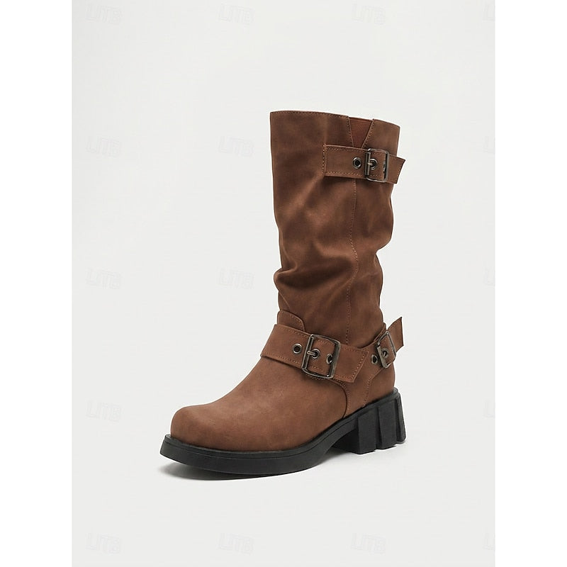 Women's Slouchy Faux Leather Biker Boots – Brown