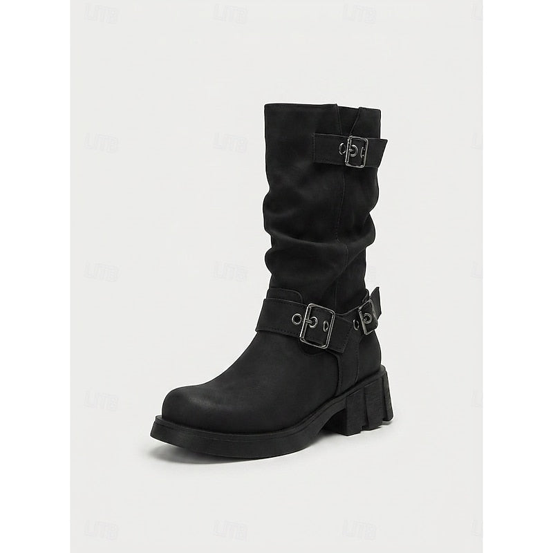 Women's Slouchy Faux Leather Biker Boots – Black