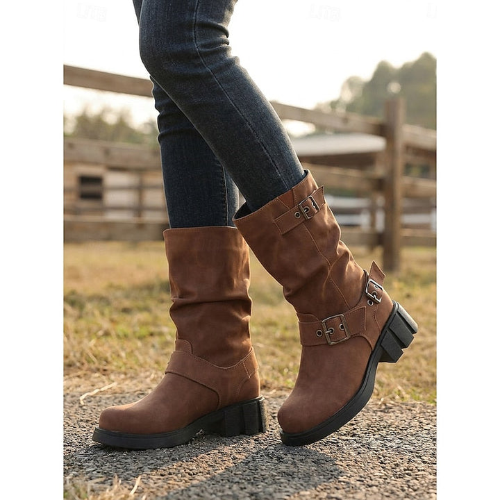 Women's Slouchy Faux Leather Biker Boots – Detail View