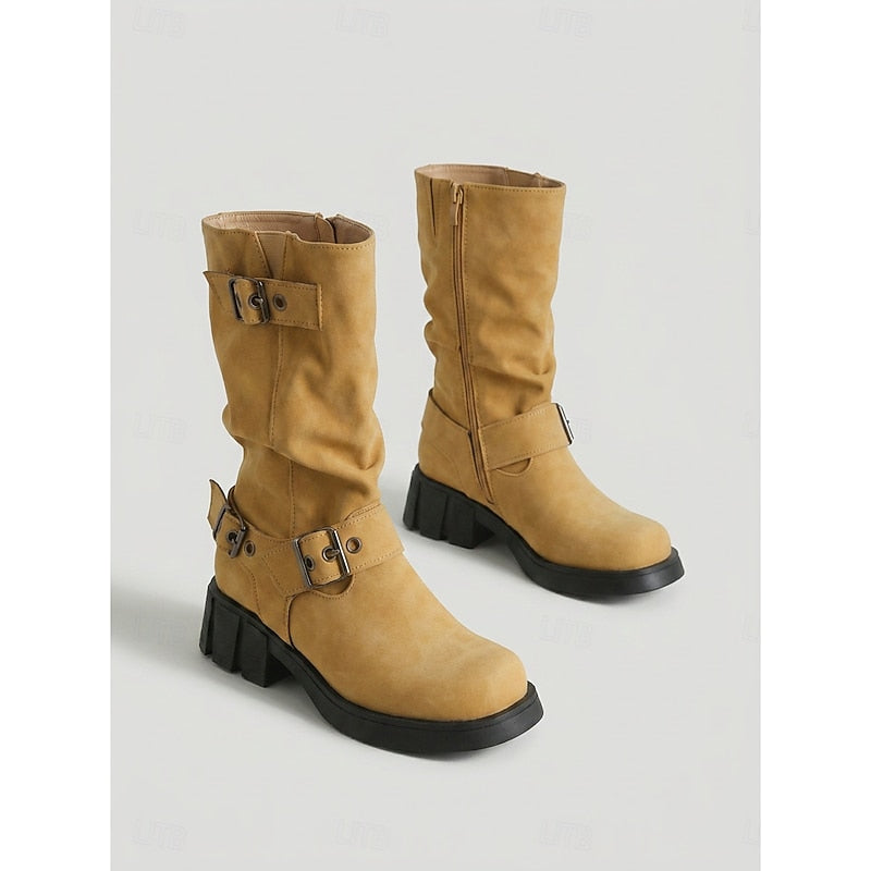 Women's Slouchy Faux Leather Biker Boots – Detail View