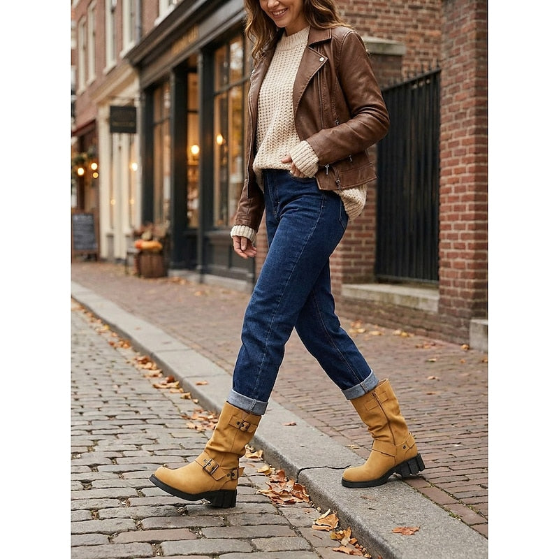Women's Slouchy Faux Leather Biker Boots – Detail View