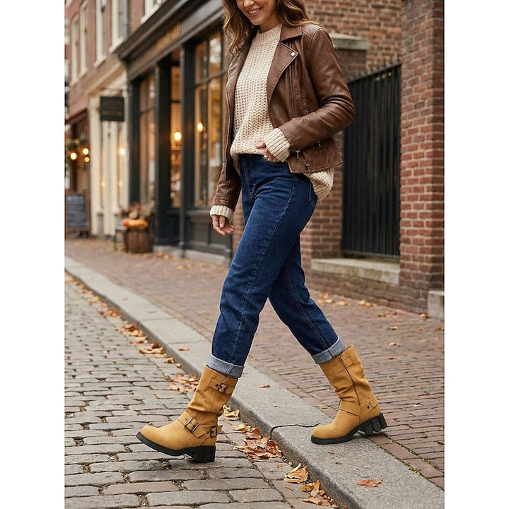 Women's Slouchy Faux Leather Biker Boots – Detail View