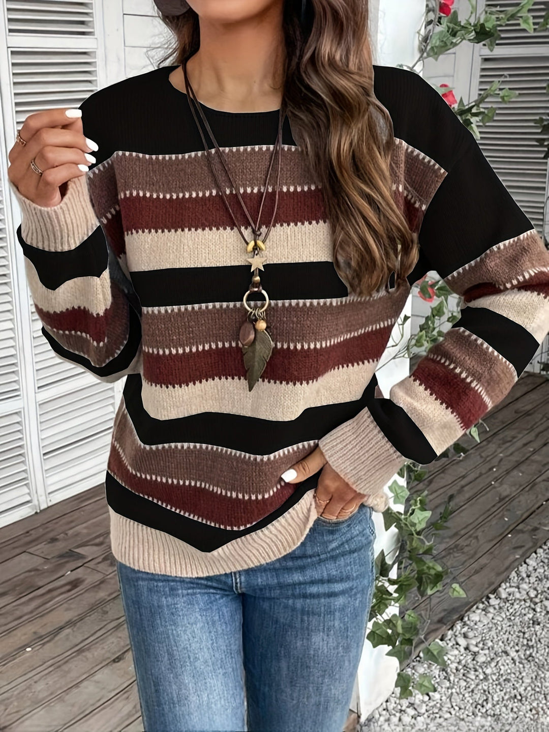 FELICIENNE | WOMEN'S STRIPED CREW NECK OVERSIZED KNIT SWEATER 10
