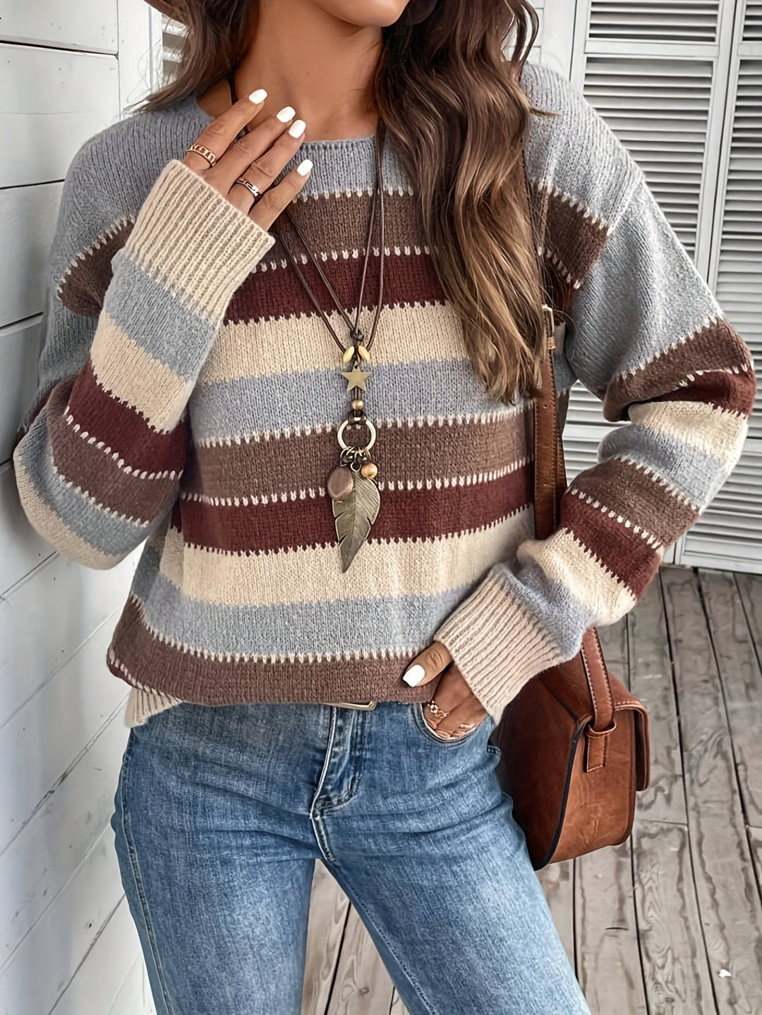 FELICIENNE | WOMEN'S STRIPED CREW NECK OVERSIZED KNIT SWEATER 3