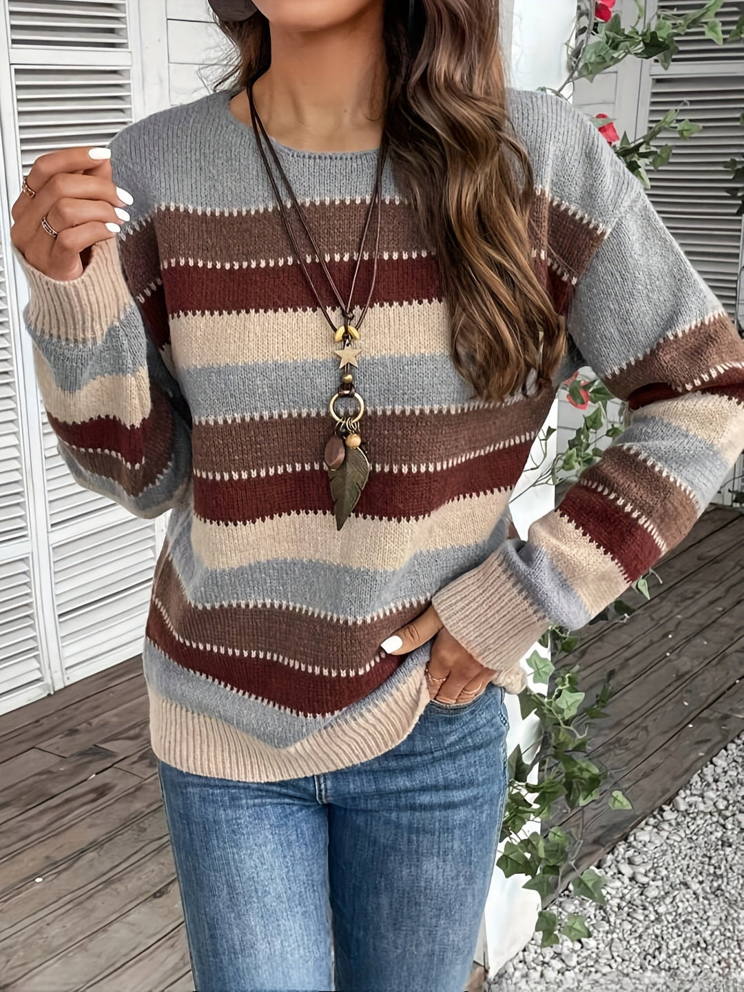 FELICIENNE | WOMEN'S STRIPED CREW NECK OVERSIZED KNIT SWEATER 5