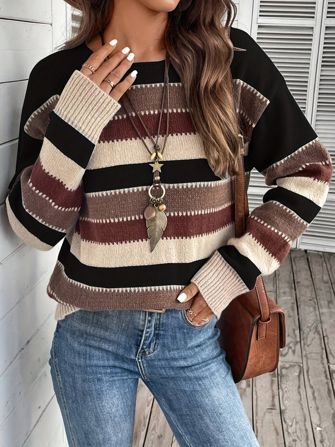 FELICIENNE | WOMEN'S STRIPED CREW NECK OVERSIZED KNIT SWEATER 9