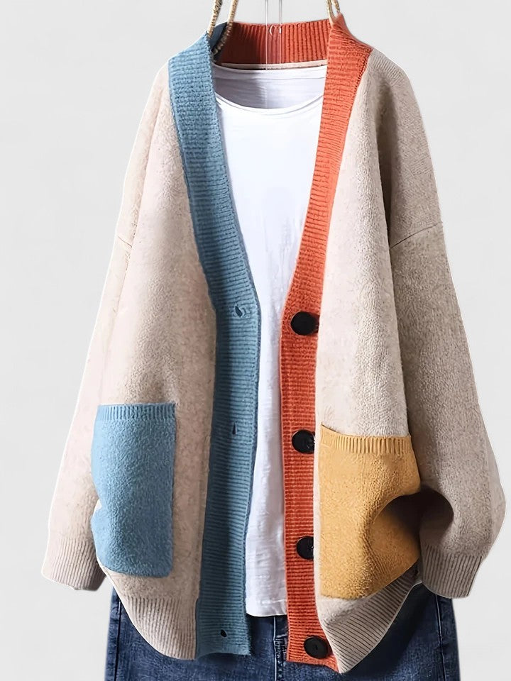 Women's Plus Size Color Block Cardigan – Beige