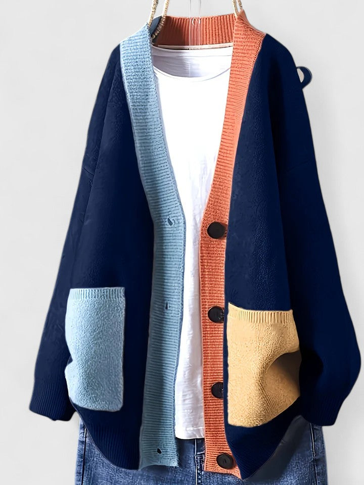 Women's Plus Size Color Block Cardigan – Blue