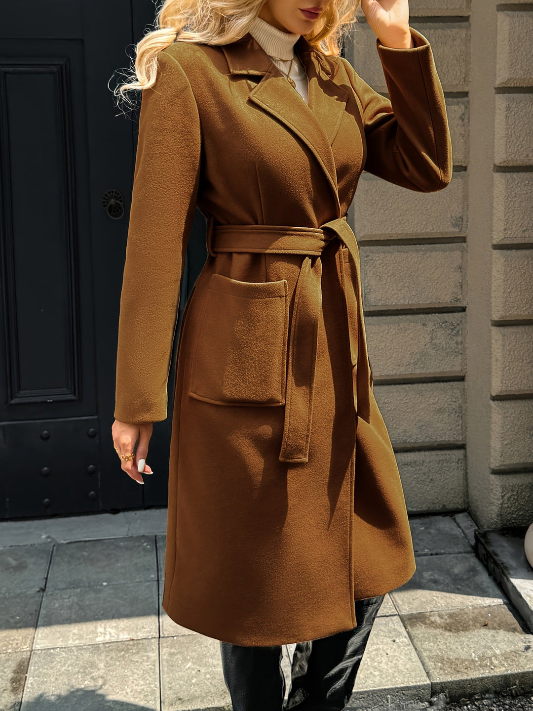 Women's Wool-Blend Belted Wrap Coat – Detail View