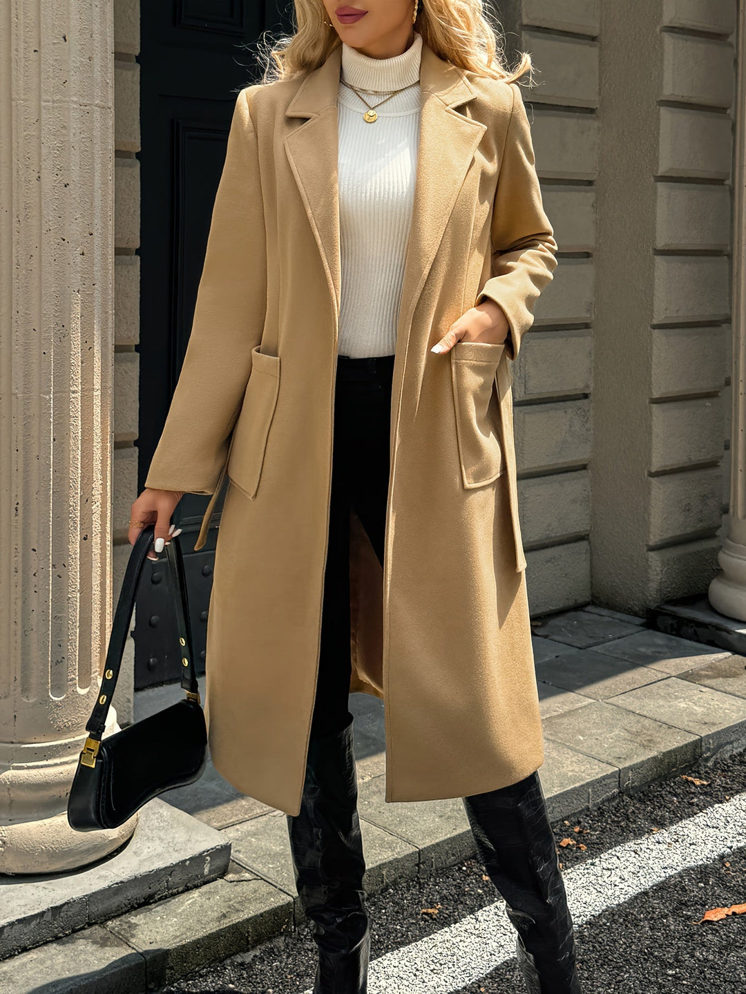 Women's Wool-Blend Belted Wrap Coat – Detail View