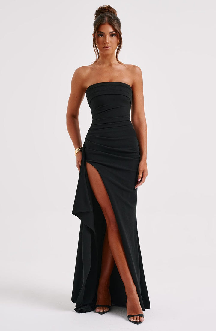 GENEVIEVE - BLACK RUFFLE SLIT MAXI DRESS 4