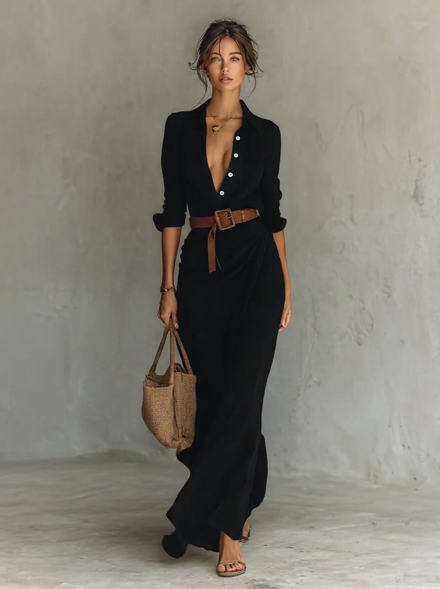 Genevieve - Elegant Lace Collar Flowy Maxi Fall Dress 4