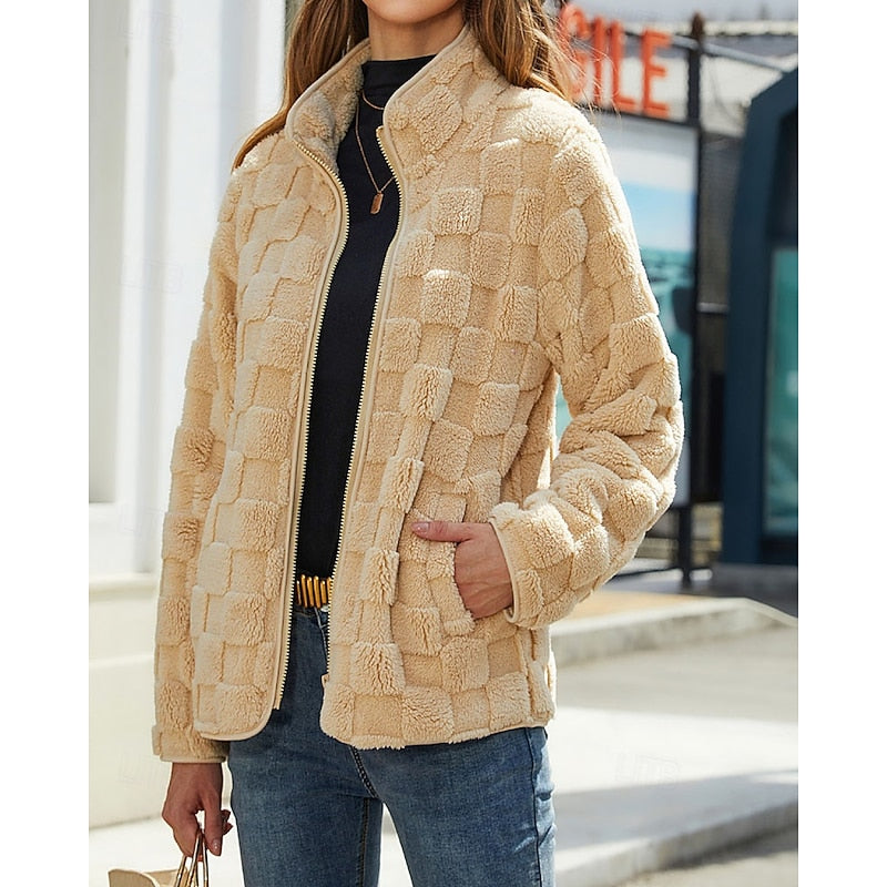 GEORGINE | WOMEN'S CHECKERED SHERPA ZIP UP FLEECE JACKET 1