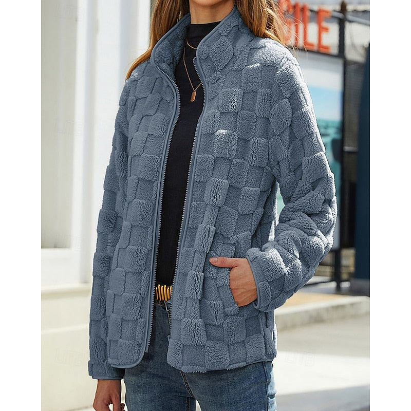 GEORGINE | WOMEN'S CHECKERED SHERPA ZIP UP FLEECE JACKET 3