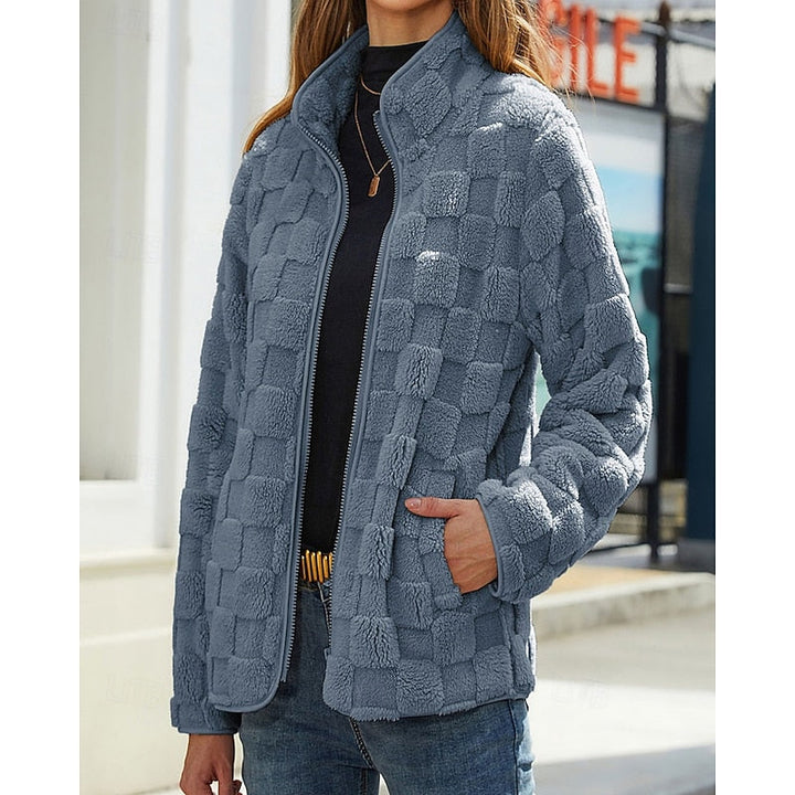 GEORGINE | WOMEN'S CHECKERED SHERPA ZIP UP FLEECE JACKET 3