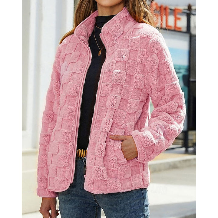 GEORGINE | WOMEN'S CHECKERED SHERPA ZIP UP FLEECE JACKET 4