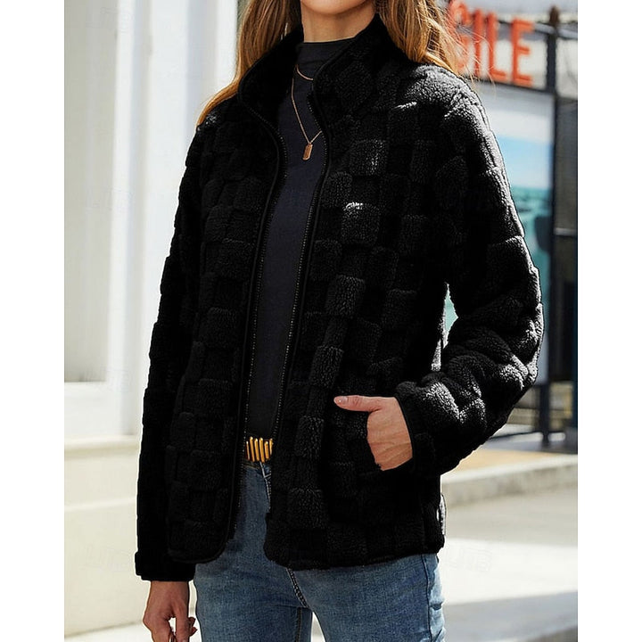 GEORGINE | WOMEN'S CHECKERED SHERPA ZIP UP FLEECE JACKET 5