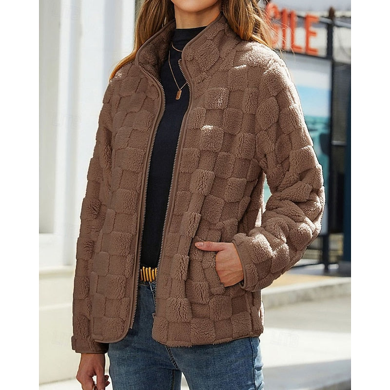 GEORGINE | WOMEN'S CHECKERED SHERPA ZIP UP FLEECE JACKET 6