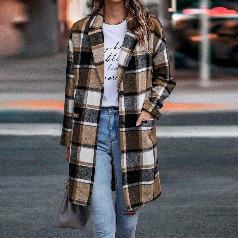 Women's Plaid Mid Length Coat – Coffee