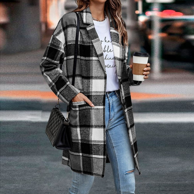 Women's Plaid Mid Length Coat – Black