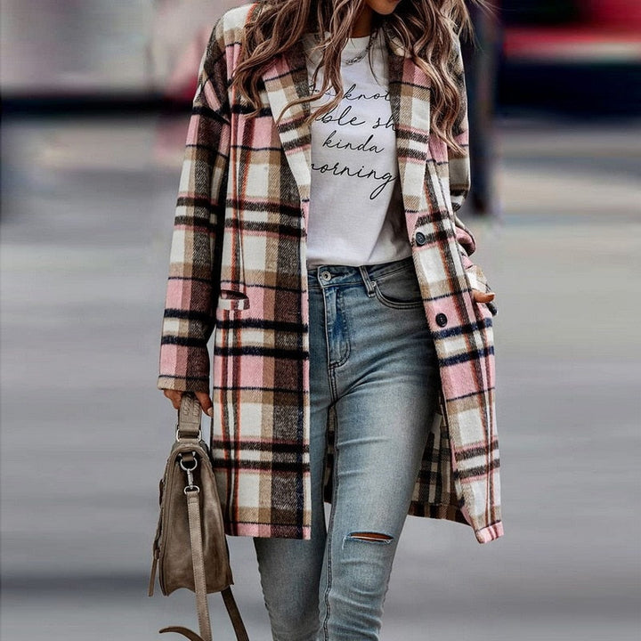 Women's Plaid Mid Length Coat – Pink
