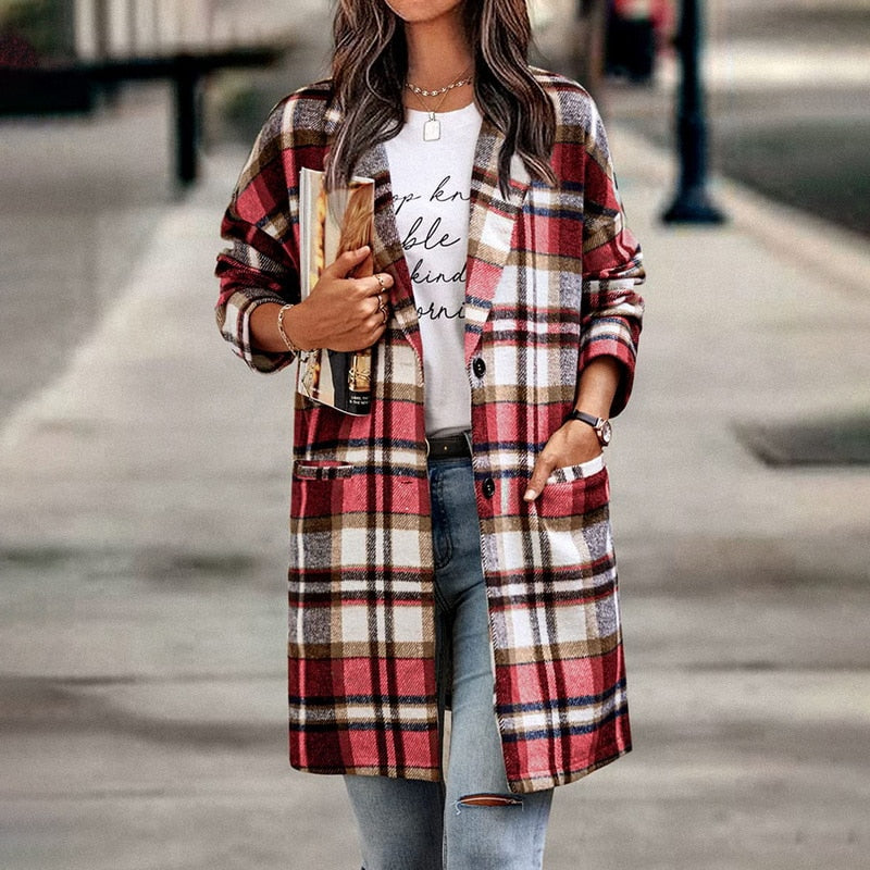 Women's Plaid Mid Length Coat – Red