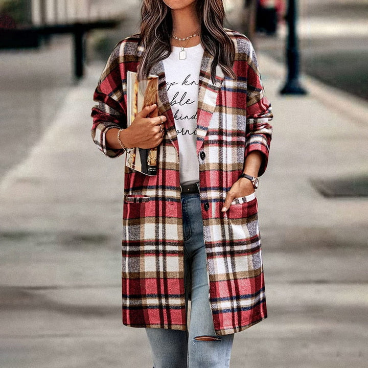 Women's Plaid Mid Length Coat – Red