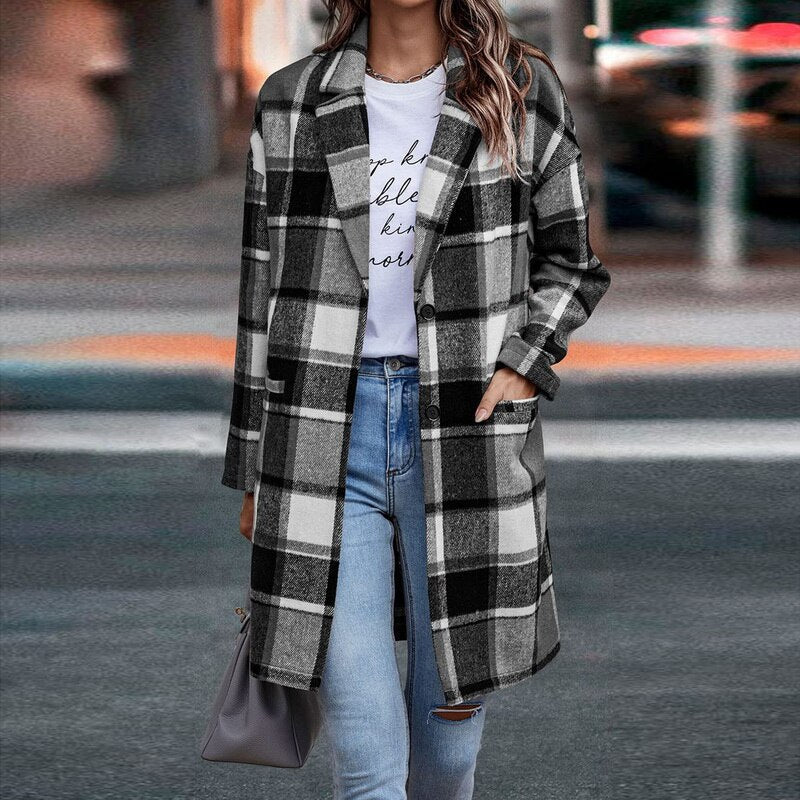 Women's Plaid Mid Length Coat – Detail View