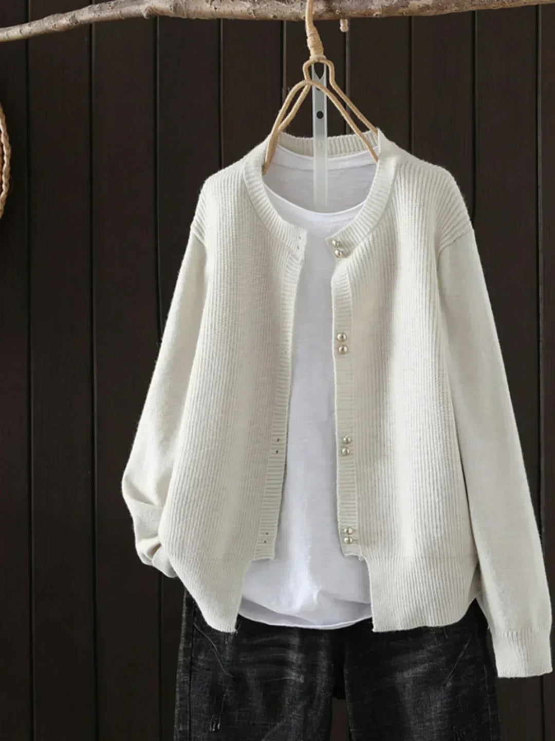 Women's Short Crew Neck Cardigan – Beige