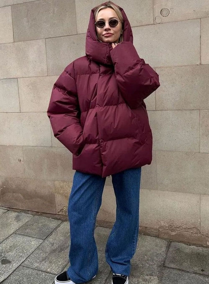Women's Hooded Puffer Jacket – Dark Red