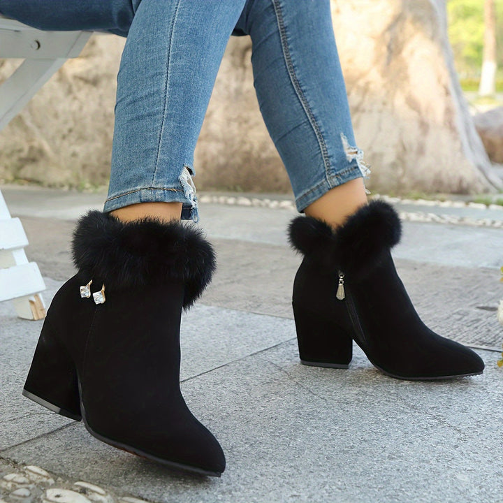 HERMINIE | WOMEN'S FUR TRIM BLOCK HEEL ANKLE BOOTS 10