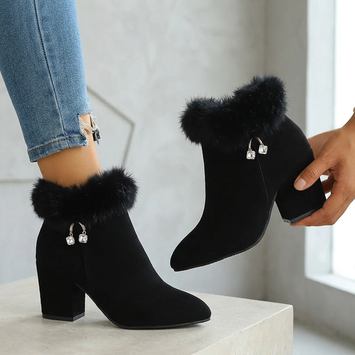 HERMINIE | WOMEN'S FUR TRIM BLOCK HEEL ANKLE BOOTS 9