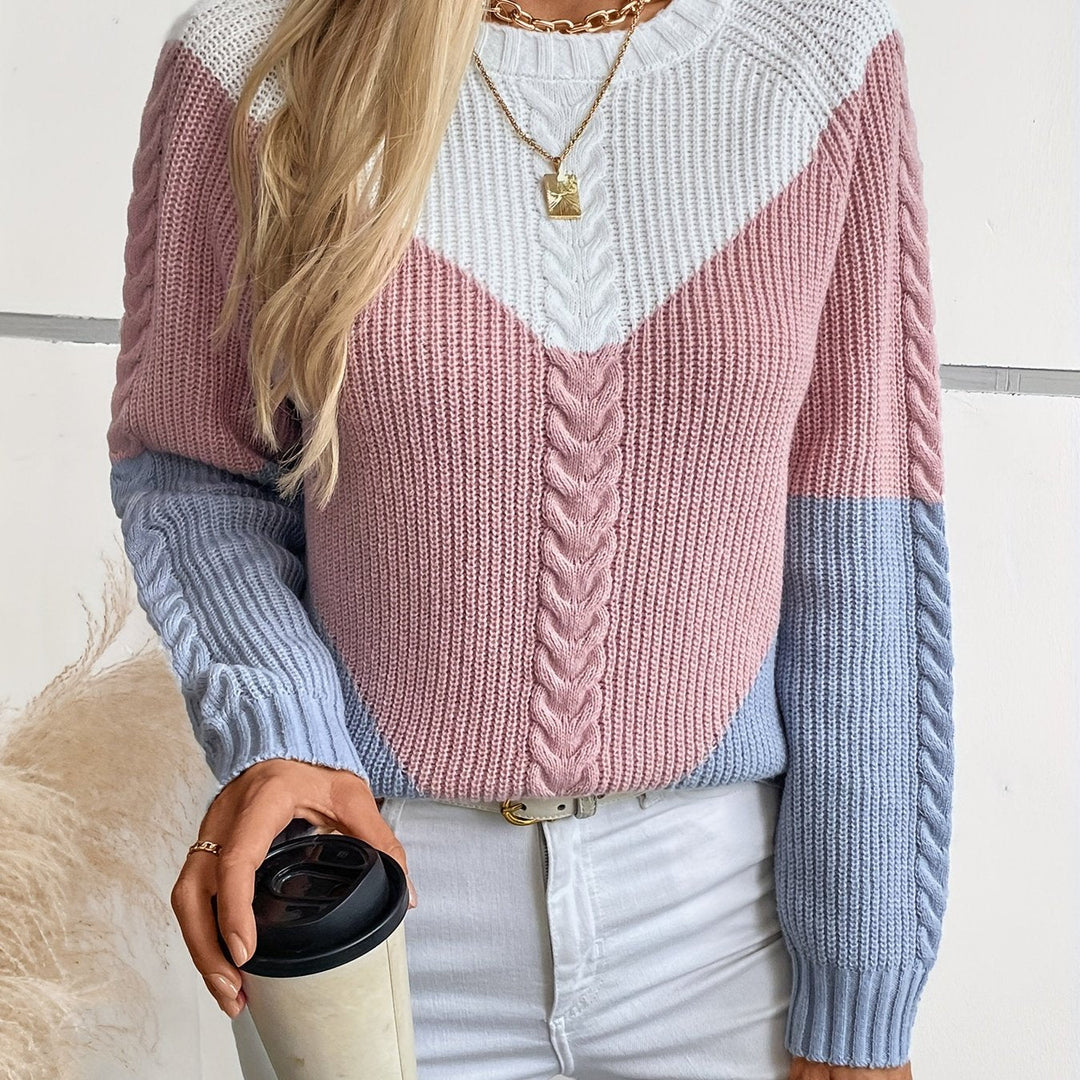HILDEGARDE | WOMEN'S COLOR BLOCK CABLE KNIT WINTER SWEATER 1