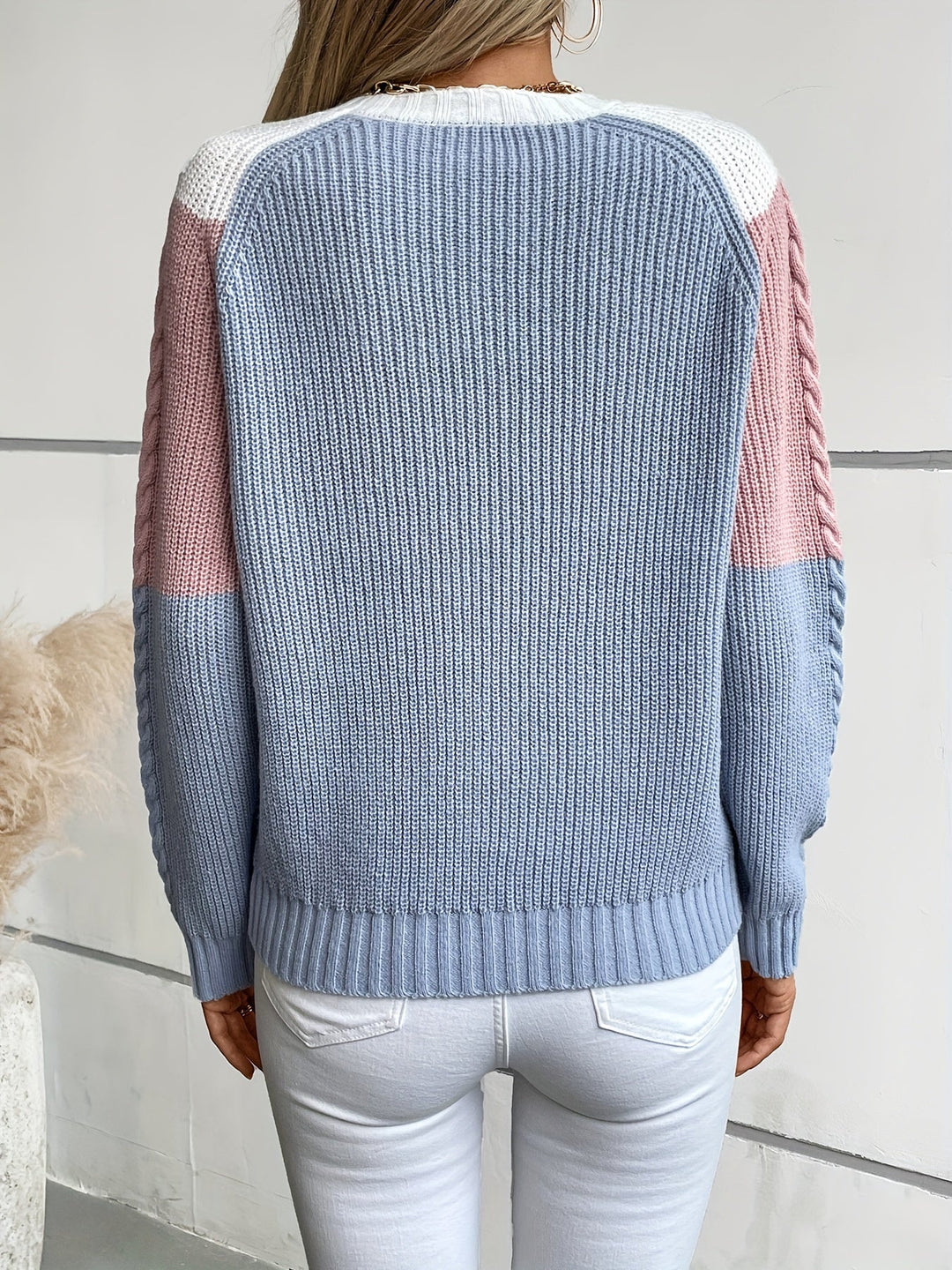 Women's Two-Tone Cable Knit Sweater – Detail View