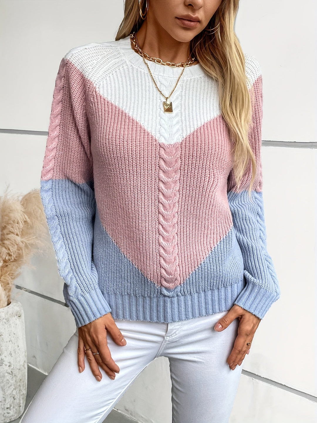Women's Two-Tone Cable Knit Sweater – Detail View