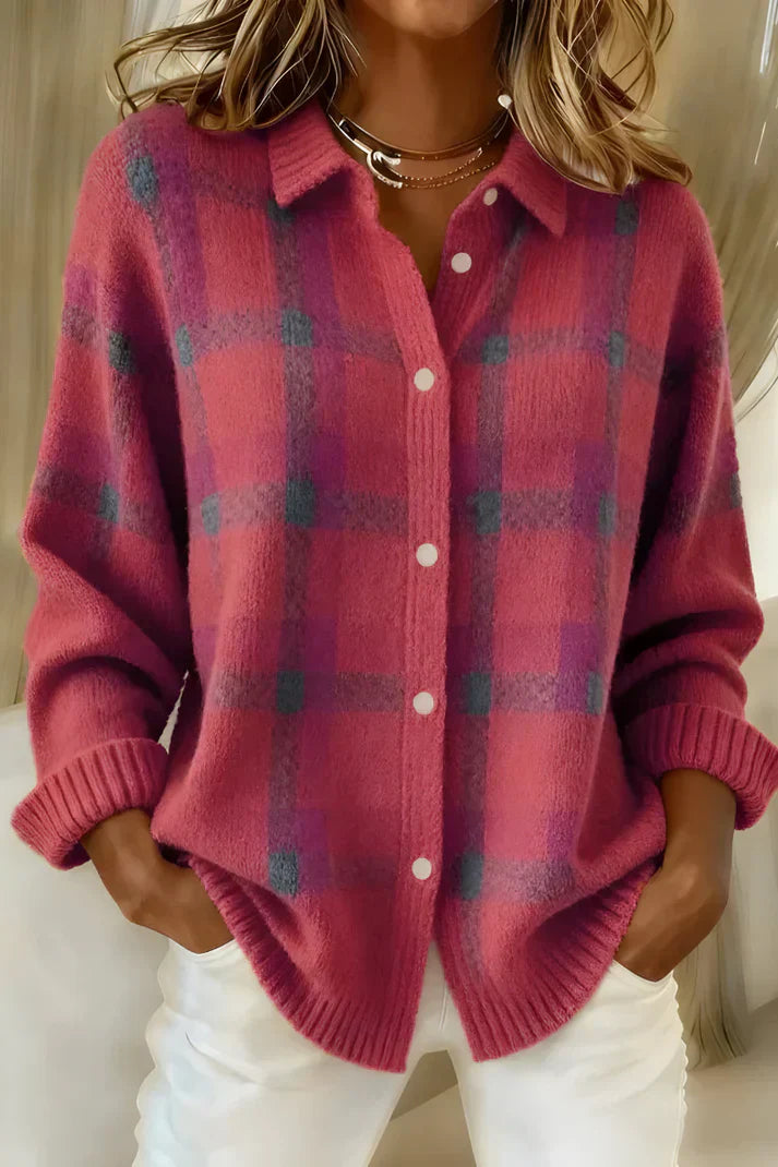IMOGEN - PLAID BUTTON-FRONT KNIT CARDIGAN 5