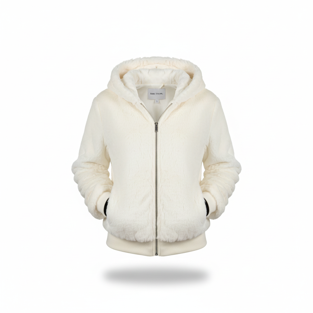 Women's Hooded Sherpa Fleece Zip Jacket – White