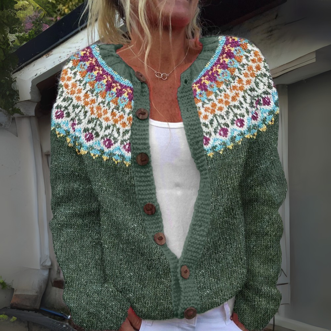 JUNA | WOMEN'S FLORAL CARDIGAN SWEATER FAIR ISLE KNIT BUTTON 1