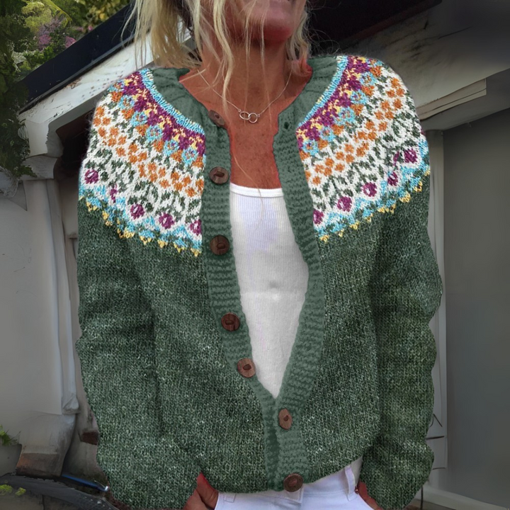 JUNA | WOMEN'S FLORAL CARDIGAN SWEATER FAIR ISLE KNIT BUTTON 1