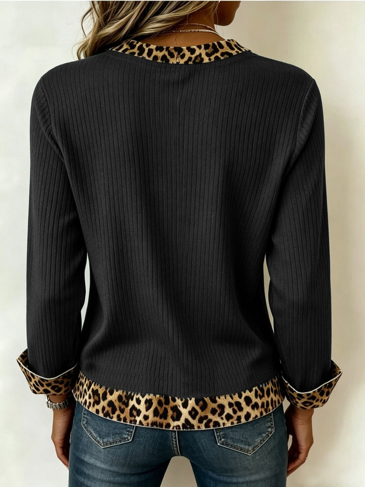 LEANE | WOMEN'S LEOPARD SWEATER V NECK RIBBED TOP 11