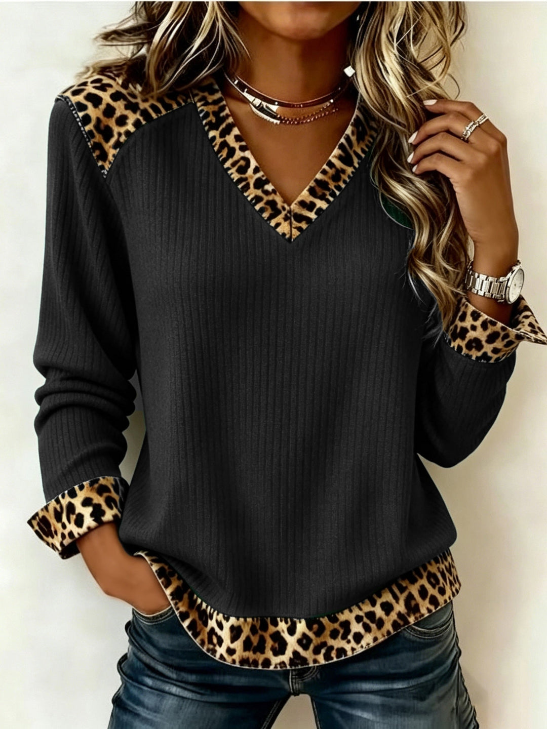 LEANE | WOMEN'S LEOPARD SWEATER V NECK RIBBED TOP 12